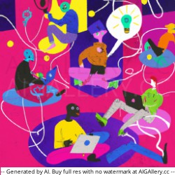 A painting of diverse people sitting on the floor and on bean bags working with laptops and one of them who doesnt have a laptop has an idea