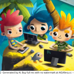 Two boys and a girl working with computers on a tropical island but the boys are stuck in a rock