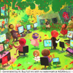 Creative characters working with computers around a garden