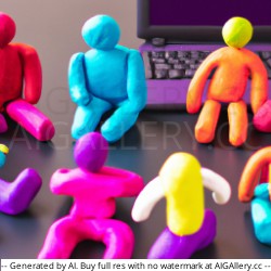 Clay figures having a meeting on a desk in front of a laptop