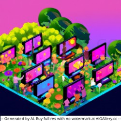 People viewing a gallery of large screens in a garden on an isometric plane