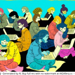 A crowd of women, sitting and working on their laptops