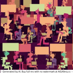 A pixel art image of people working with their laptops and talking
