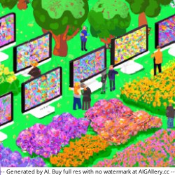 People viewing a gallery of large screens in an open flower garden