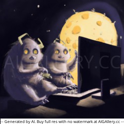 Two cute furry alien monsters working behind a computer on another planet